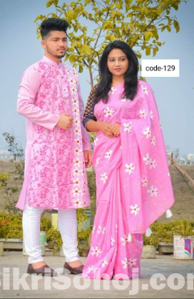 Skin Printed Pimk Half Silk Couple Saree Panjabi Set